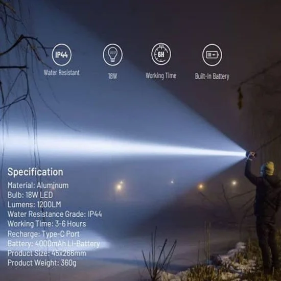 Porodo Slim Outdoor Flashlight High Intensity Light 1200 - Black